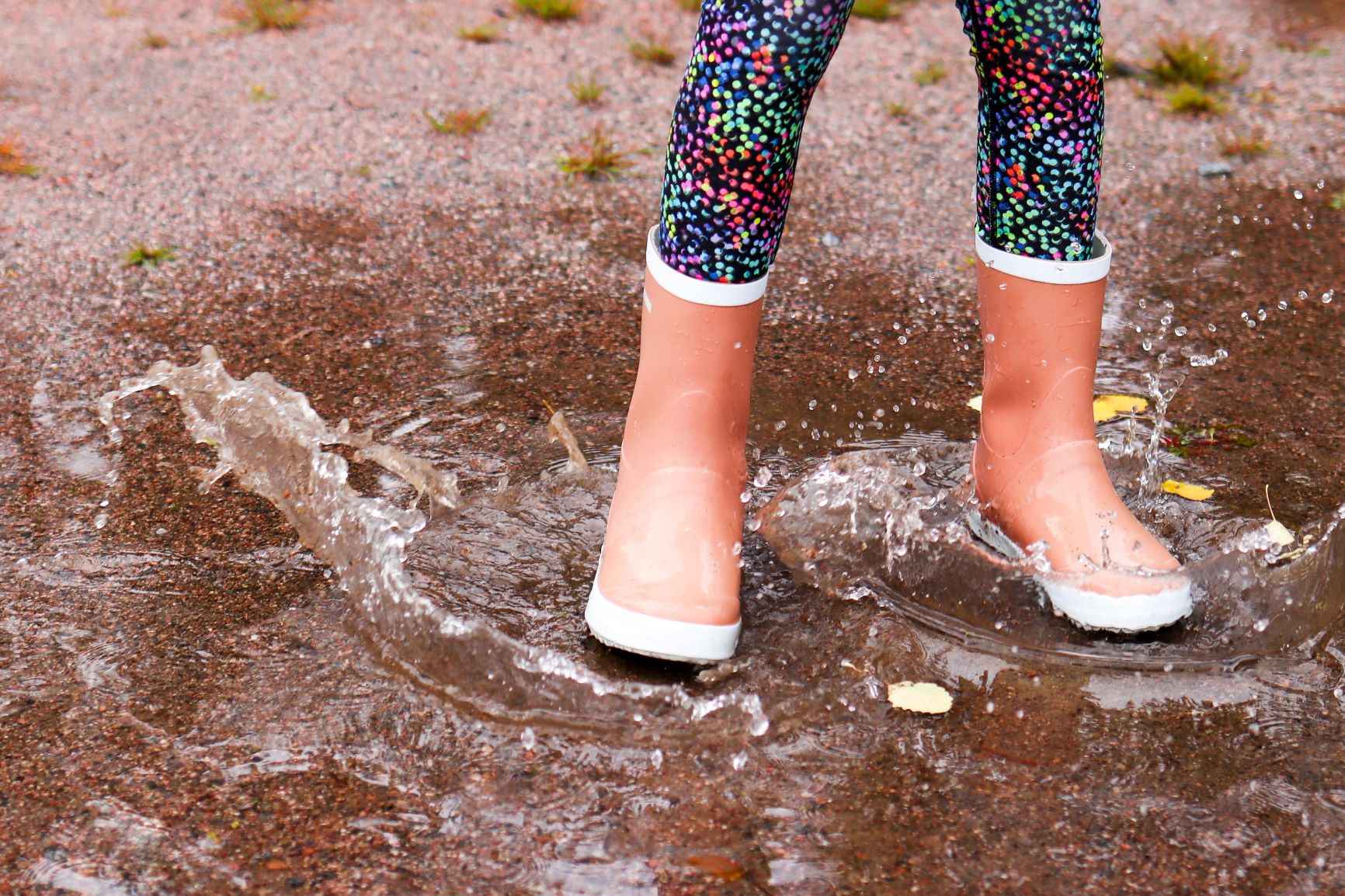 Kumisaappaat jalassa kuralätäkössä