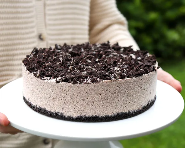 Oreo-jäätelökakku, jonka pinnalla on keksimurskaa.