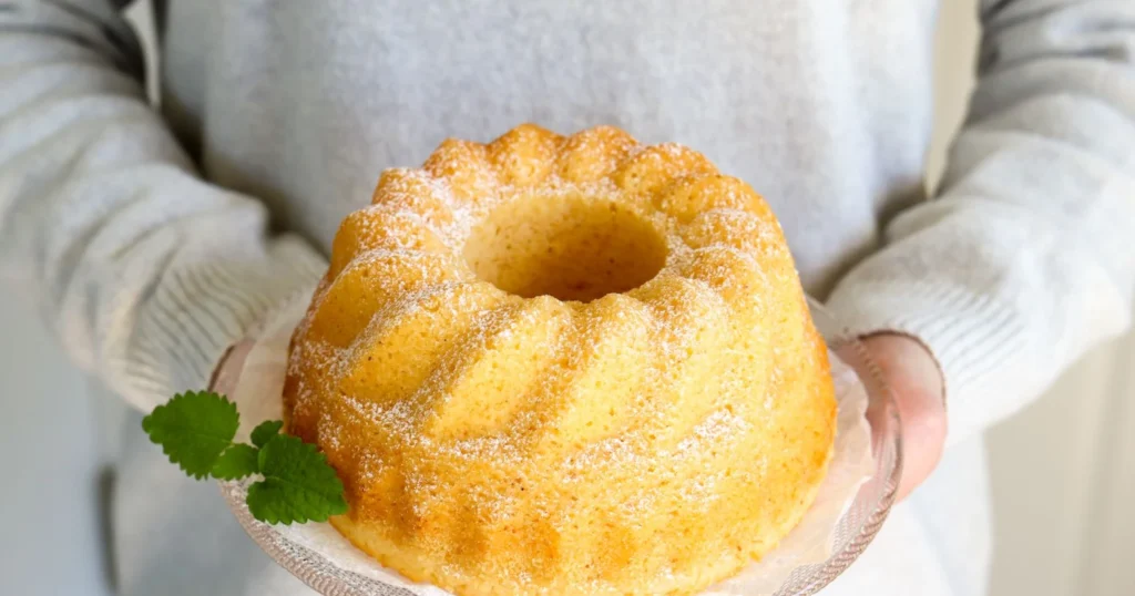 Seitsemän minuutin kakku tarjoilulautasella ojennettuna.