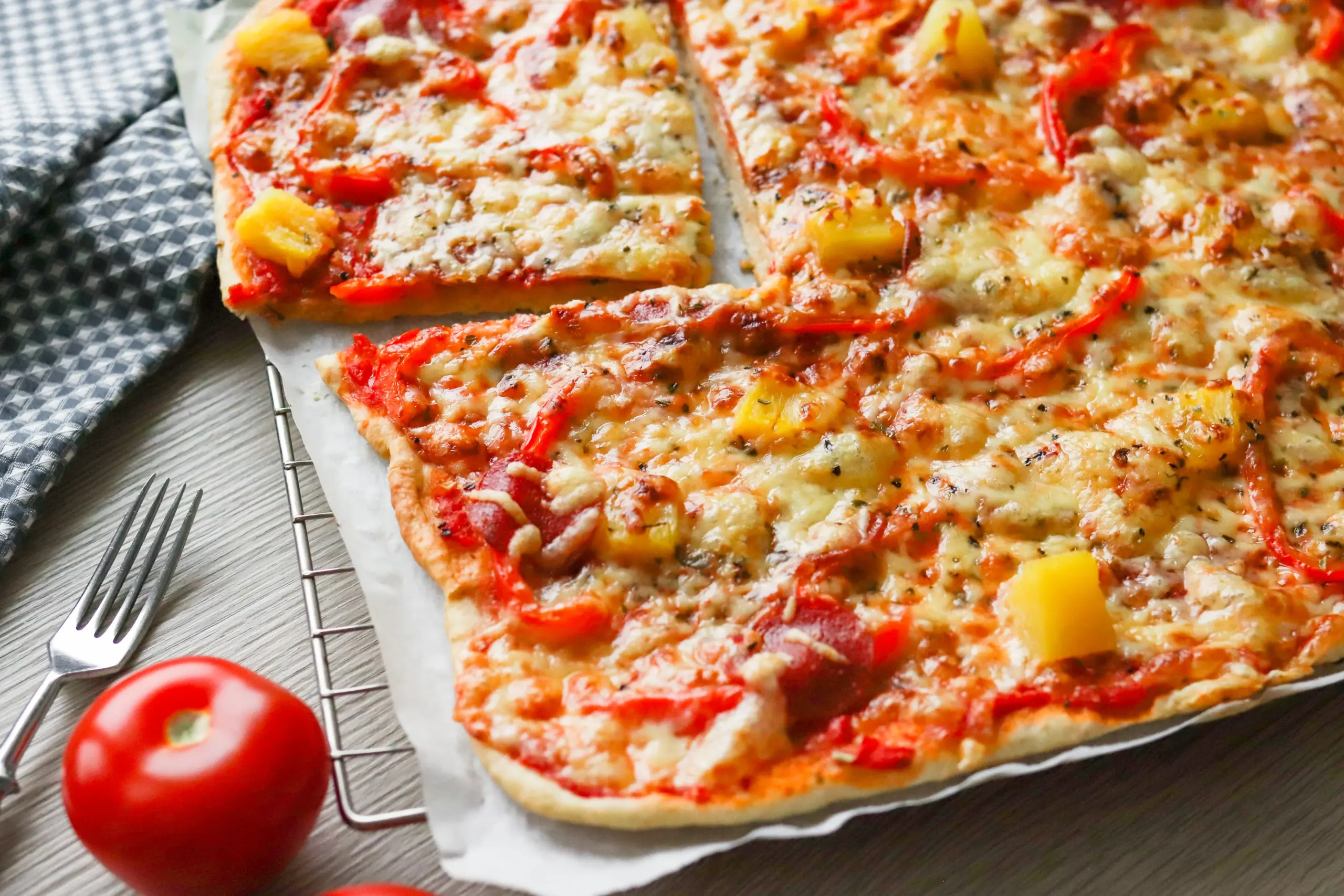 Helppo pizzapohja täytettynä ja paistettuna.