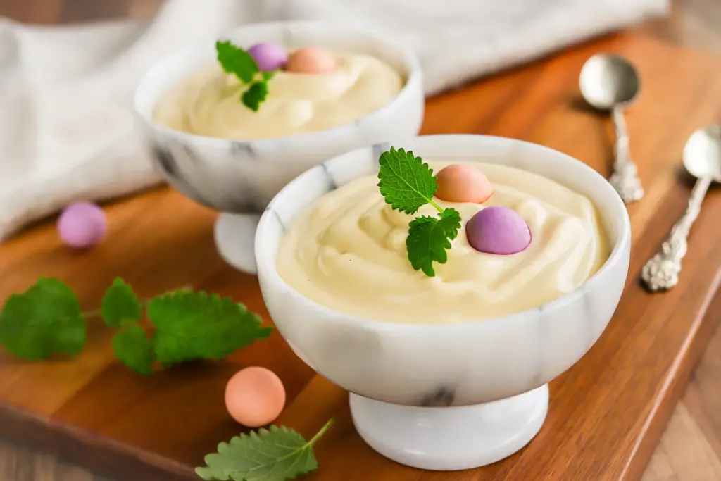 Mangorahka marmorikulhoissa pastellinsävyisillä rakeilla koristeltuna.