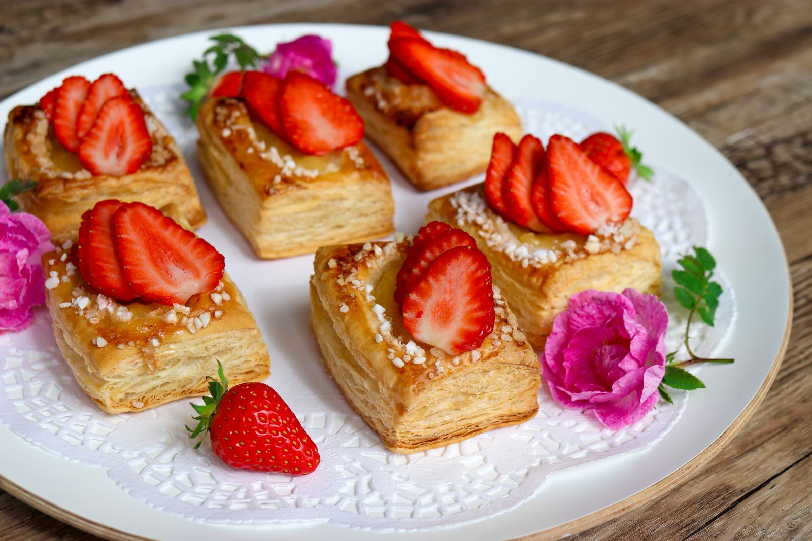 Tuoreilla mansikoilla koristellut viinerit tarjoilulautasen päällä