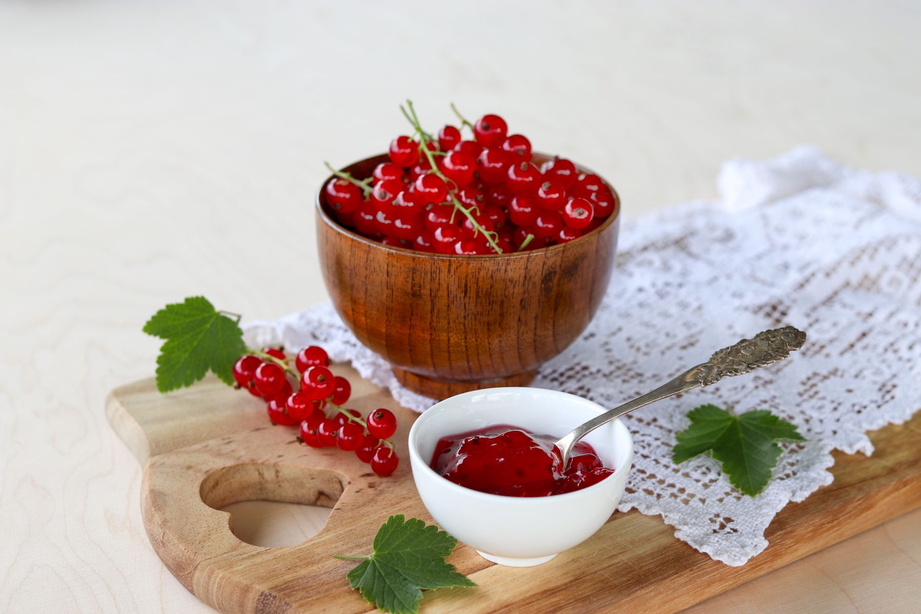 Punaherukkahilloa pienessä kulhossa tuoreiden punaherukoiden vierellä