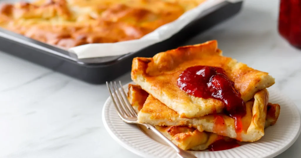 Ahvenanmaan pannukakku -paloja lautasella mansikkahillon kera.