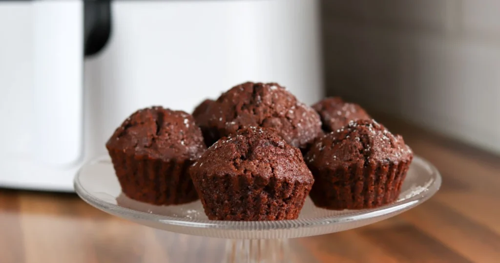Airfryer-laitteella paistetut muffinssit tomusokerilla koristeltuna.
