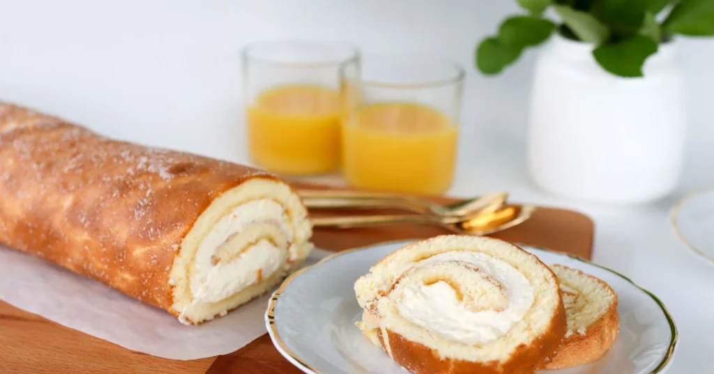 Appelsiinikääretorttu ja appelsiinimehua laseissa.