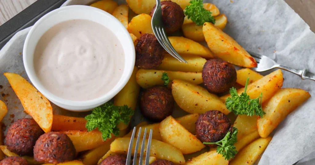 Boltsi-pyöryköitä pellillä lohkoperunoiden kanssa.