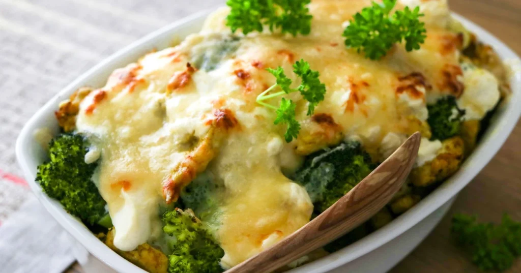 Broilerigratiini tuoreella persiljalla koristeltuna.