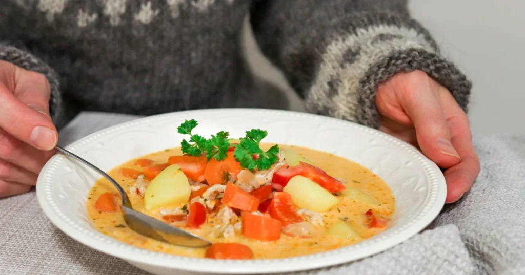 Broilerin jauhelihasta tehtyä keittoa syvällä lautasella.