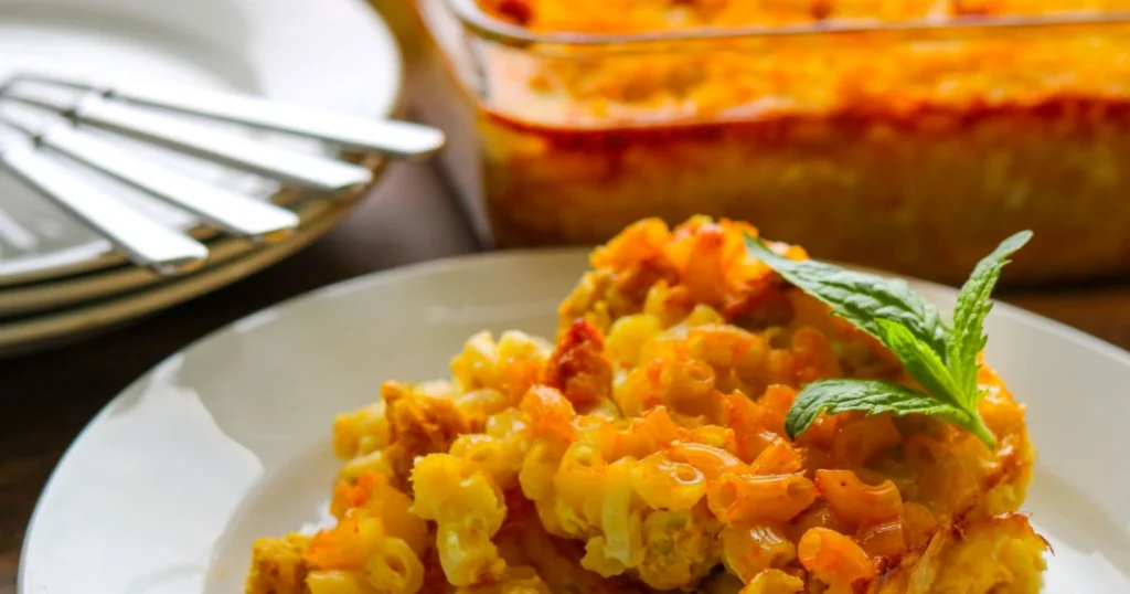 Broilerimakaronilaatikkoa lautasella sekä mintun lehti.