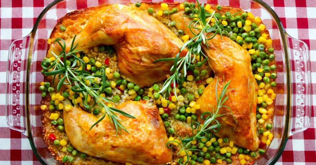 Broileri ohrahelmien päällä lasisessa uunivuoassa.