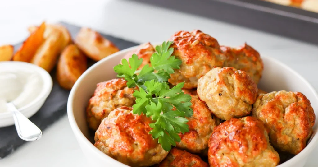 Broileripyörykät, jotka on paistettu uunissa.