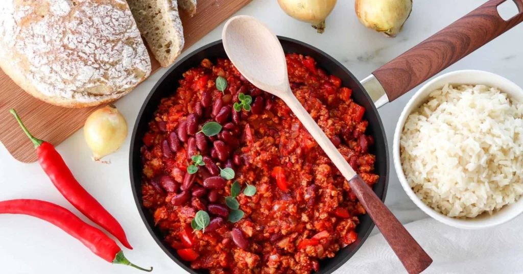 Chili sin carne tuoreella oreganolla koristeltuna.