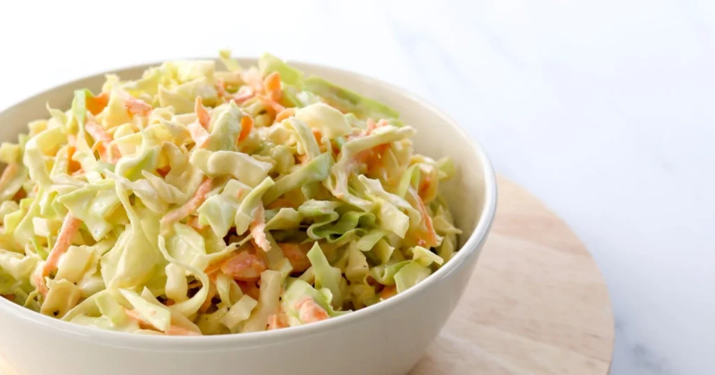 Coleslaw valkoisessa kulhossa.