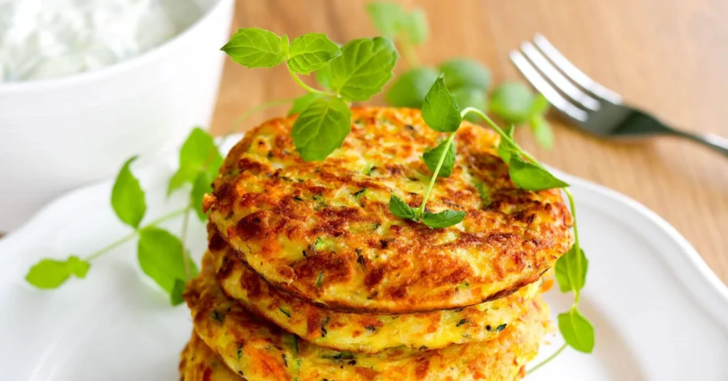 Meheviä halloumi-kasvispihvejä pinossa lautasen päällä.