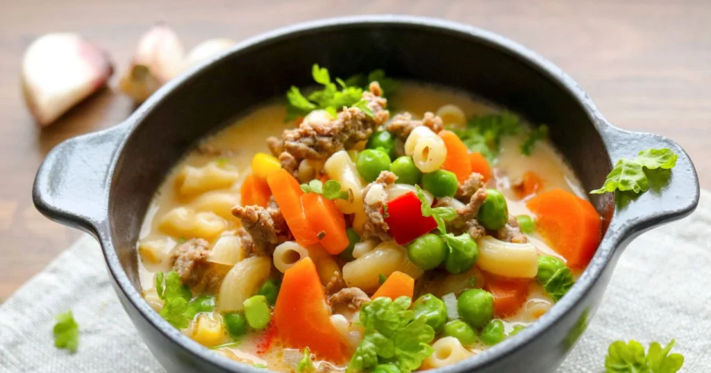 Juustoinen jauhelihakeitto ruskeassa kulhossa.