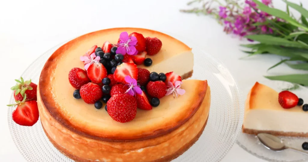 Juustokakku uunissa paistamista seuraavan päivänä mansikoilla koristeltuna.