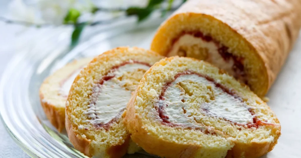 Iso kääretorttu, josta on leikattu viipaleita.