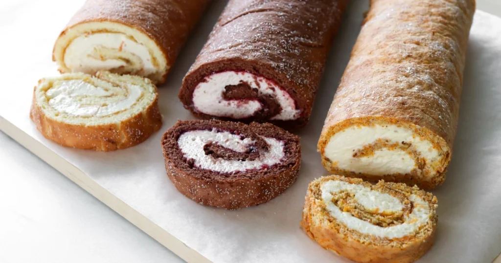 Kolme eri väristä kääretorttupohjaa.