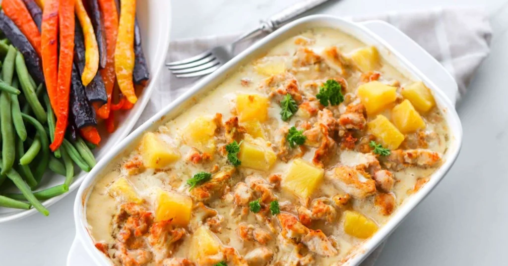 Uunissa tehty kanakastike ja kypsennettyjä kasviksia.