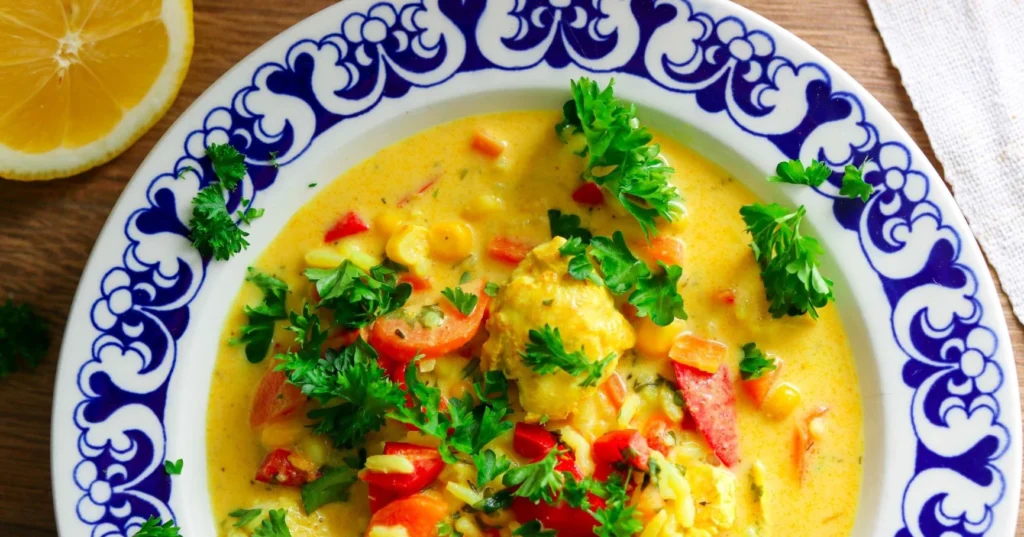 Persiljalla koristeltua kanakeittoa lautasella.