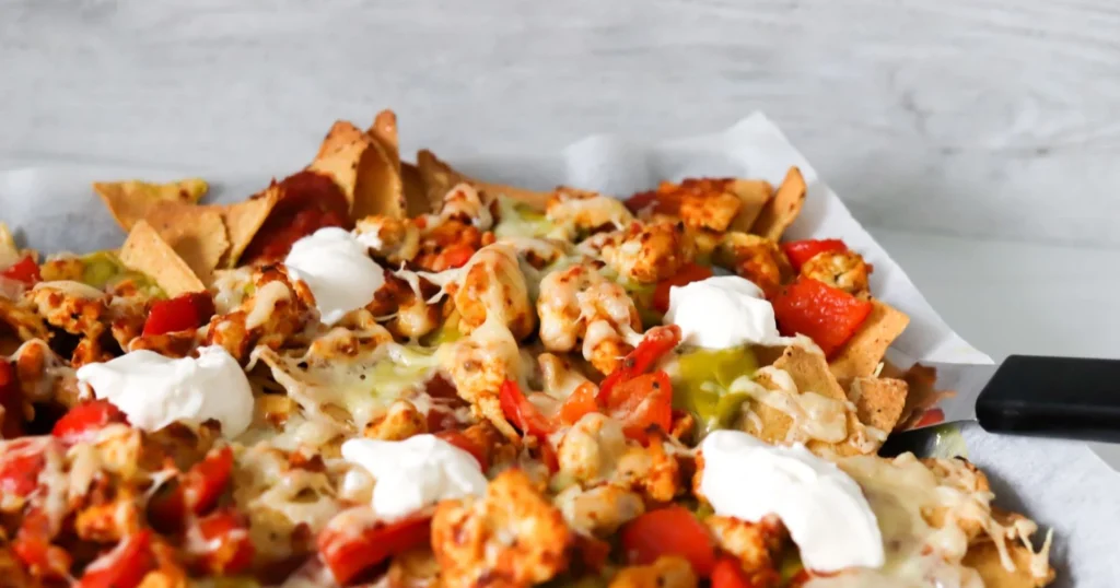 Kana-tacopelti, jossa on päällä valkoista ranskankermaa.