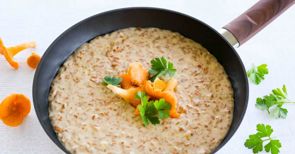 Kantarellikastike paistinpannulla tuoreella persiljalla koristeltuna.