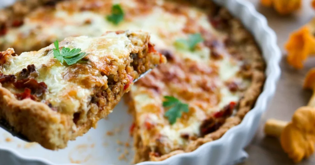 Tacomaustettu kantarellipiirakka, josta on nostettu pala.