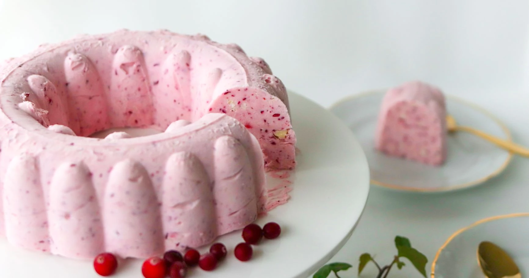 Renkaan muotoinen valkosuklaa-karpalojäädyke.