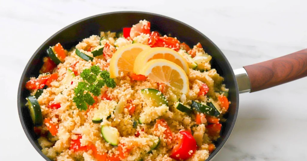 Kasviscouscous paistinpannulla, jossa on puinen kahva.