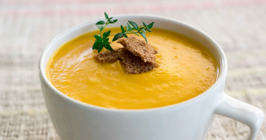 Kasvissosekeitto suuressa mukissa.