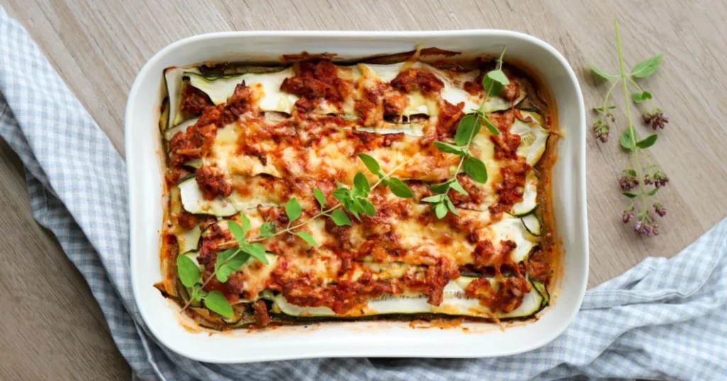 Kesäkurpitsalasagne tuoreella oreganolla koristeltuna.