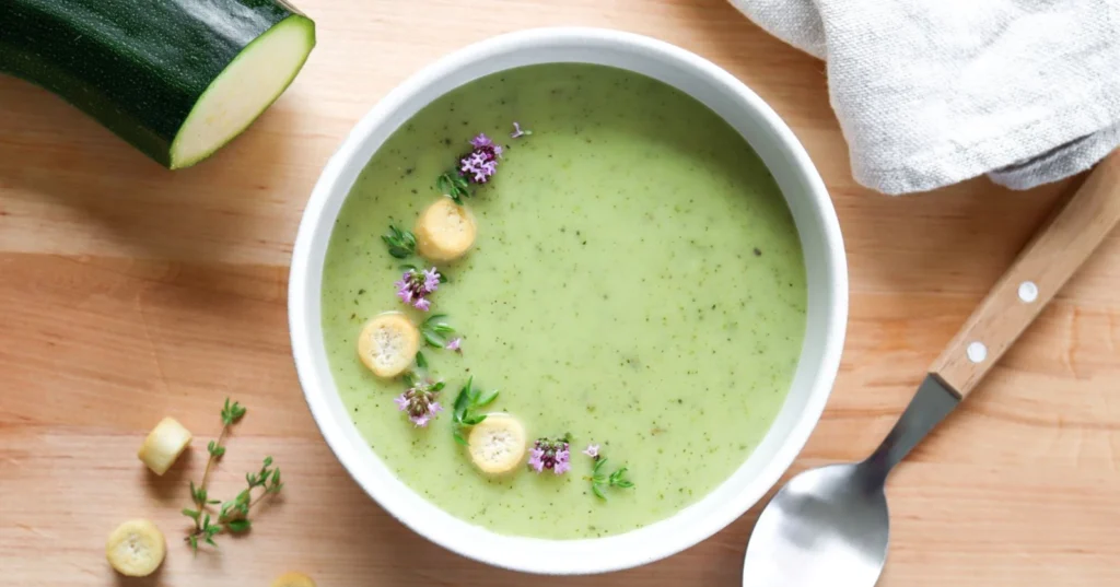 Vihreä kesäkurpitsasosekeitto timjamilla ja krutongeilla koristeltuna