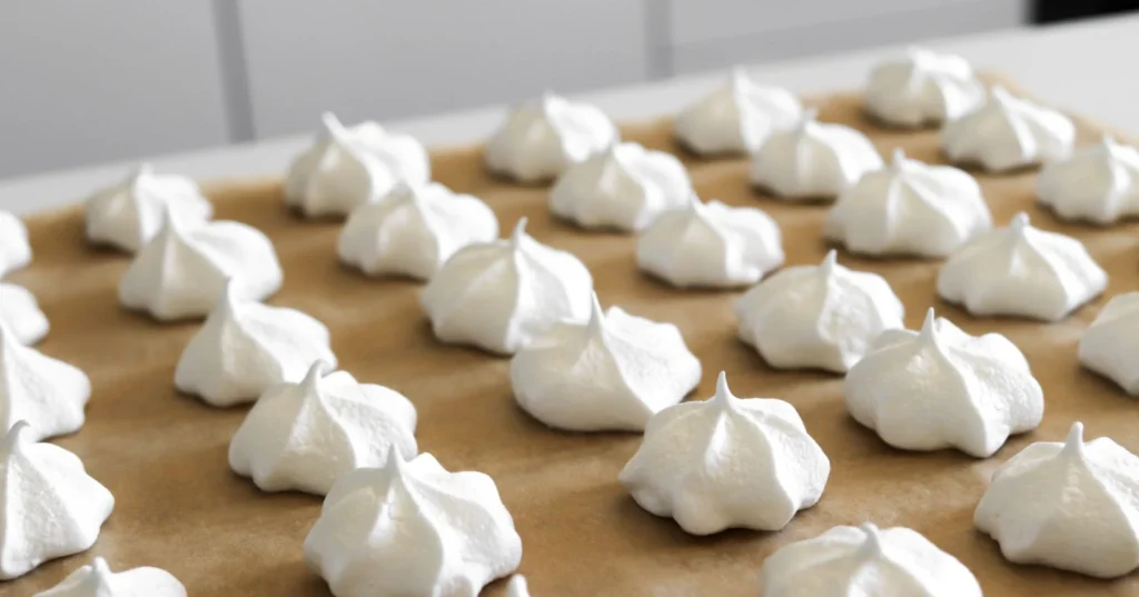 Kikherne-marenkeja leivinpaperin päällä.