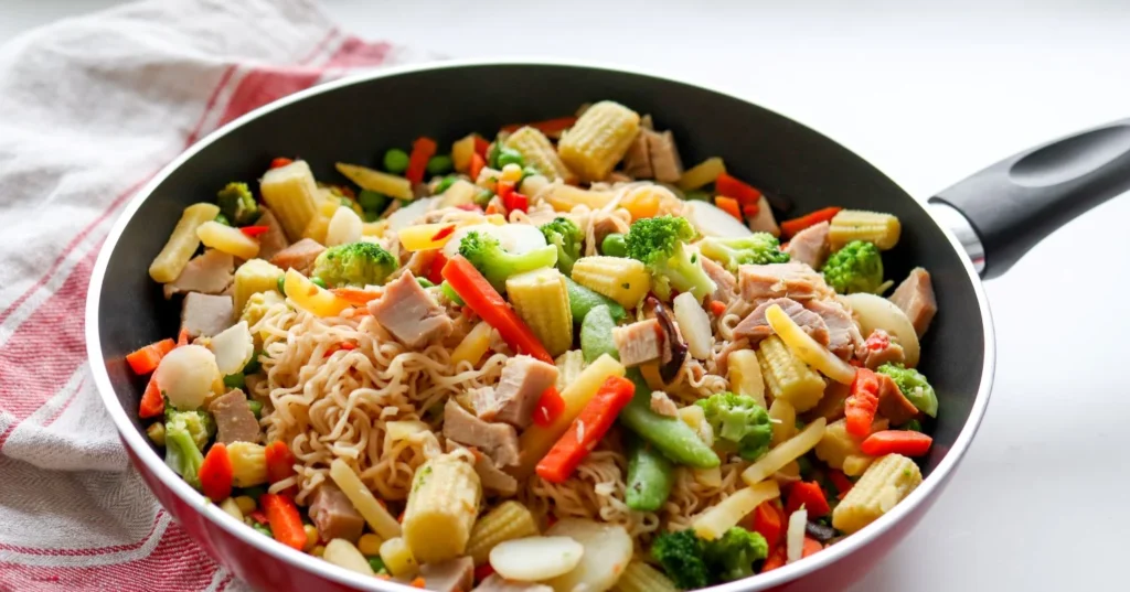 Kinkkuwokki punaisella paistinpannulla.