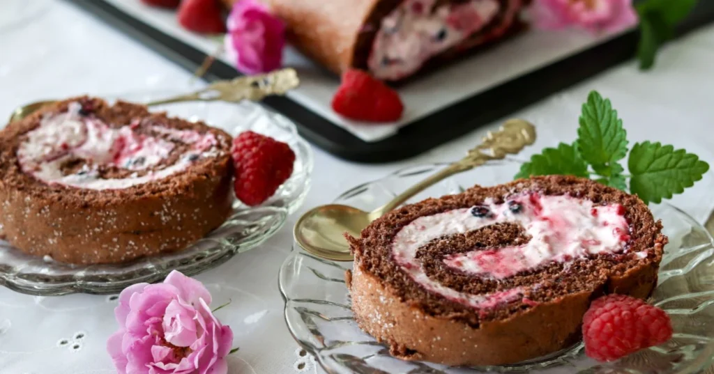 Kuningatarkääretorttu viipaleina lasilautasilla tuoreilla vadelmilla koristeltuna.