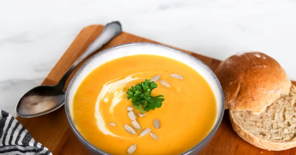 Kurpitsakeitto smetanalla koristeltuna sämpylän kera.