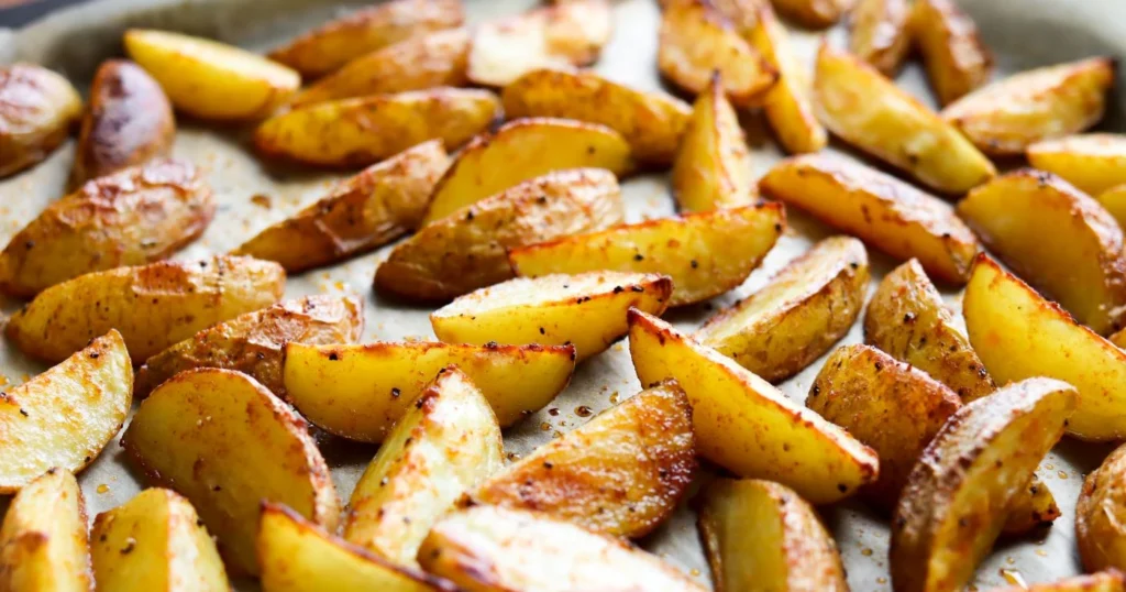 Lohkoperunat pellillä paistamisen jälkeen.