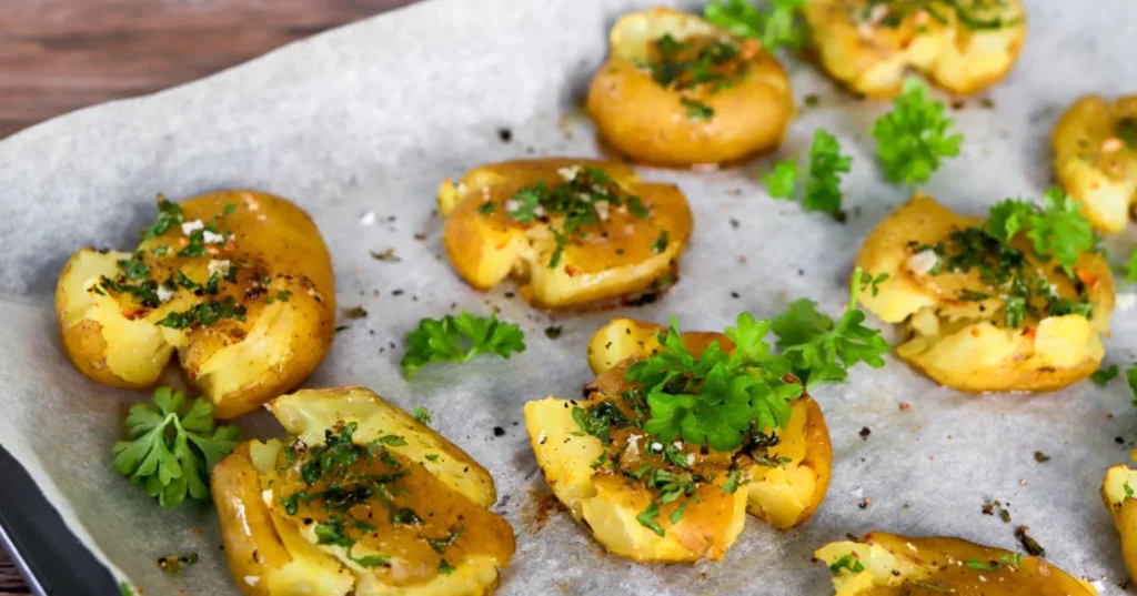 Lyttyperunat pellillä persiljalla maustettuna.