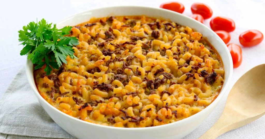 Perinteinen makaronilaatikko valkoisessa uunivuoassa.