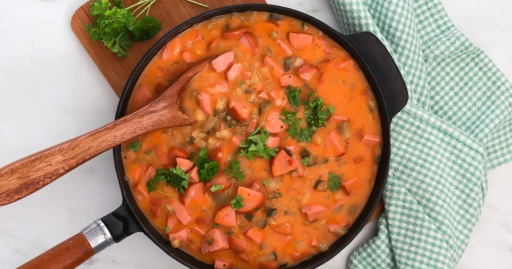 Makkarakastike valurautaisella paistinpannulla persiljalla koristeltuna.