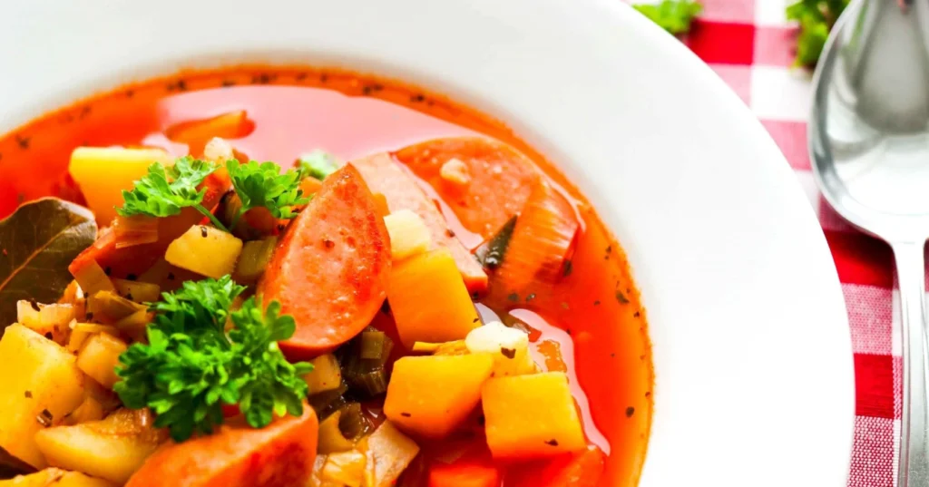 Makkarakeitto syvällä lautasella persiljalla koristeltuna.