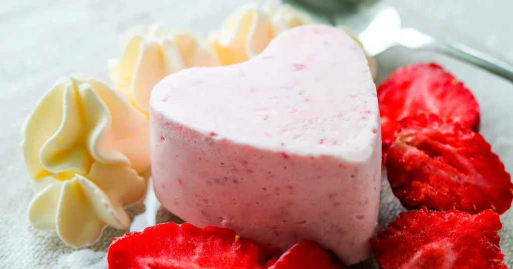 Sydämen muotoinen mansikkajäädyke lautasella.