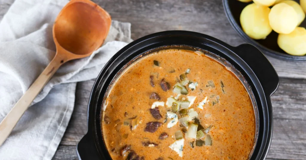 Moskovanpata mustassa uunipadassa suolakurkun ja aurajuuston kera.