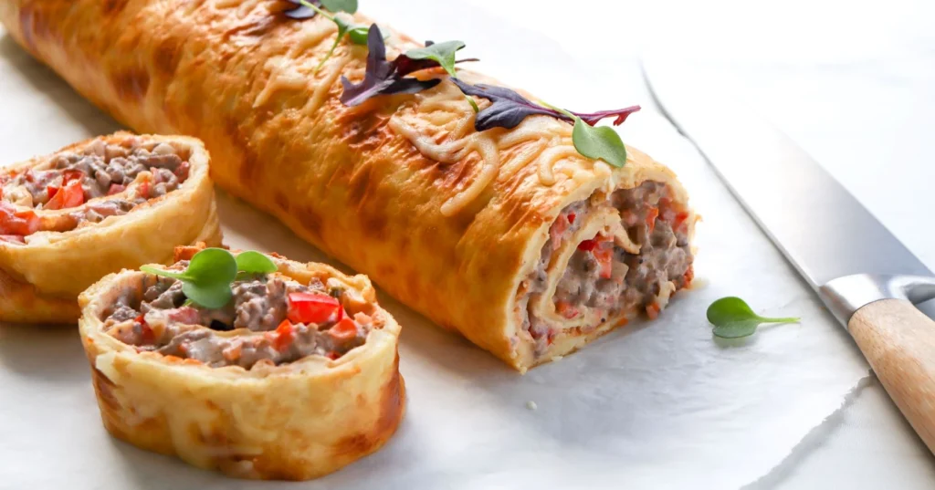 Munakasrulla jauhelihatäytteellä pariksi viipaleeksi leikattuna.