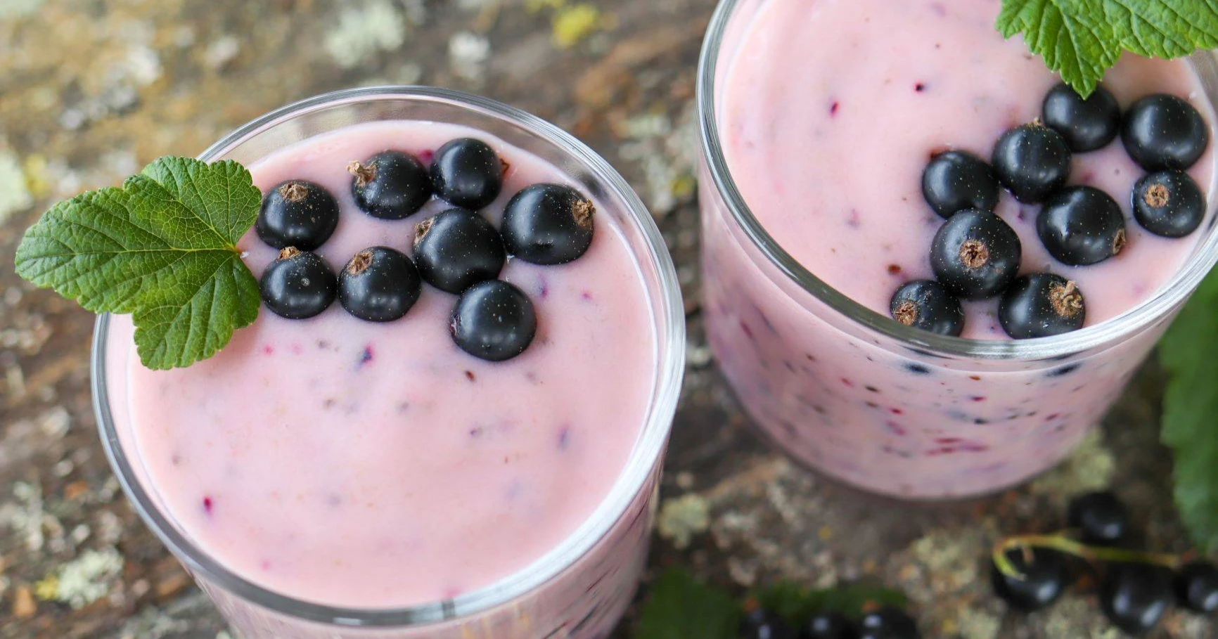 Mustaherukkasmoothie laseissa tuoreilla marjoilla koristeltuna.