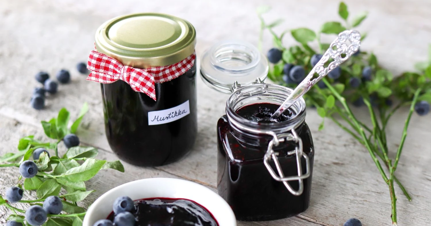 Mustikkahillo ja tuoreita mustikoita varpuineen.