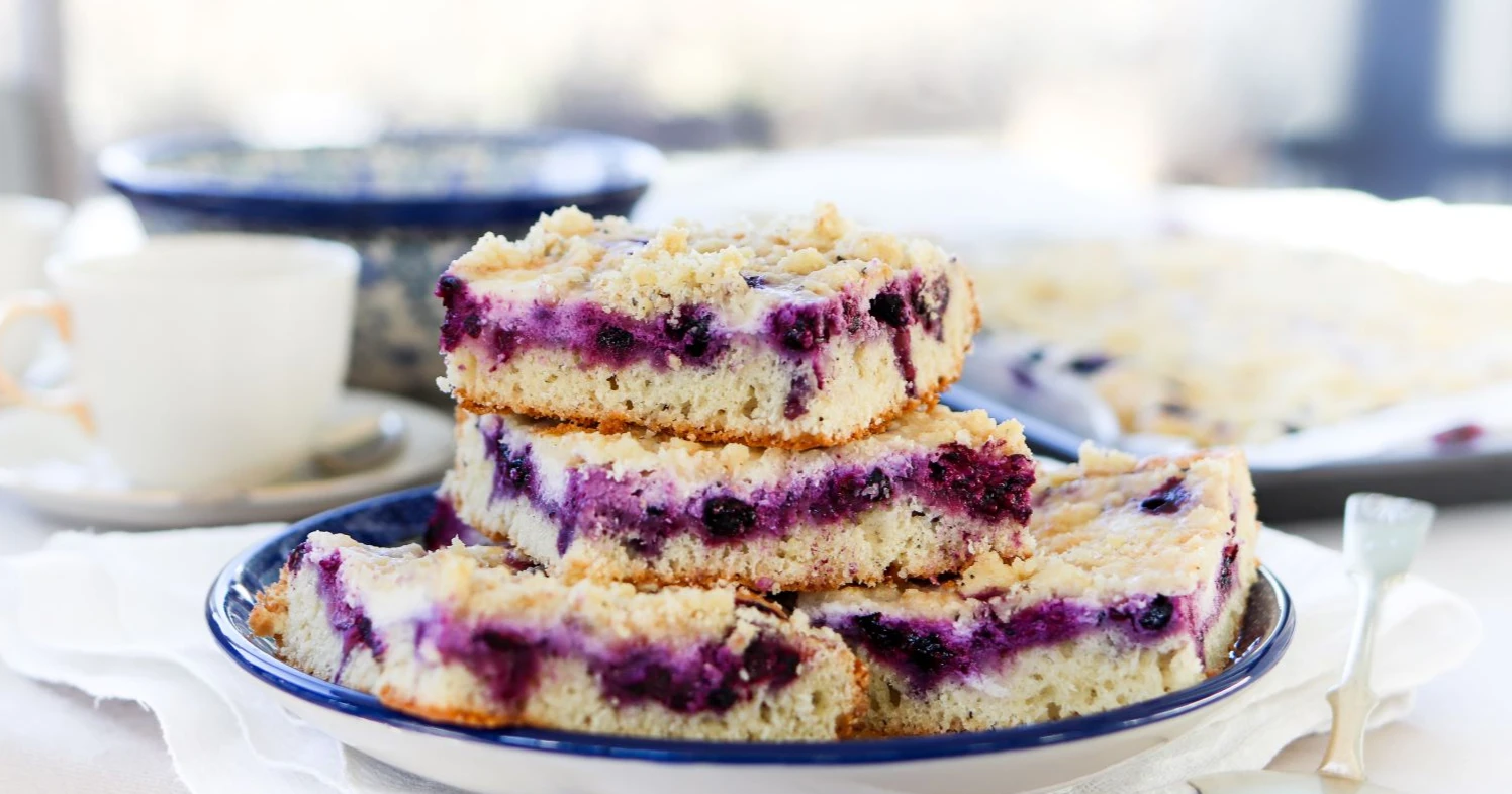 Mustikka-rahkapiirakkaa sinivalkoisella lautasella.