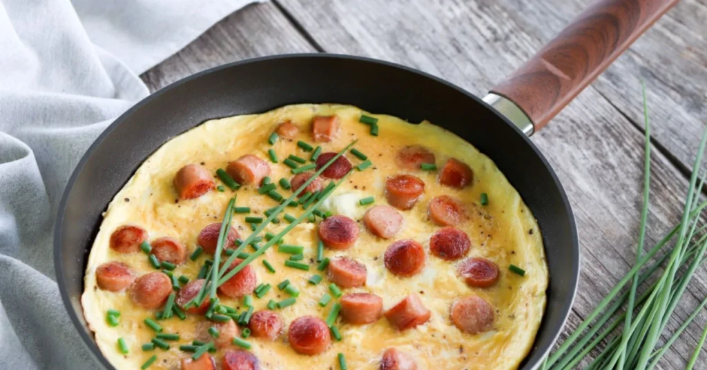 Valmista nakkimunakasta paistinpannulla tuoreen ruohosipulin kera.