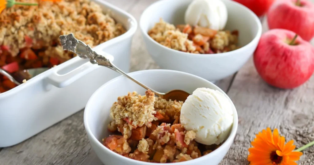 Omena-kaurapaistos kulhossa jäätelön kanssa.